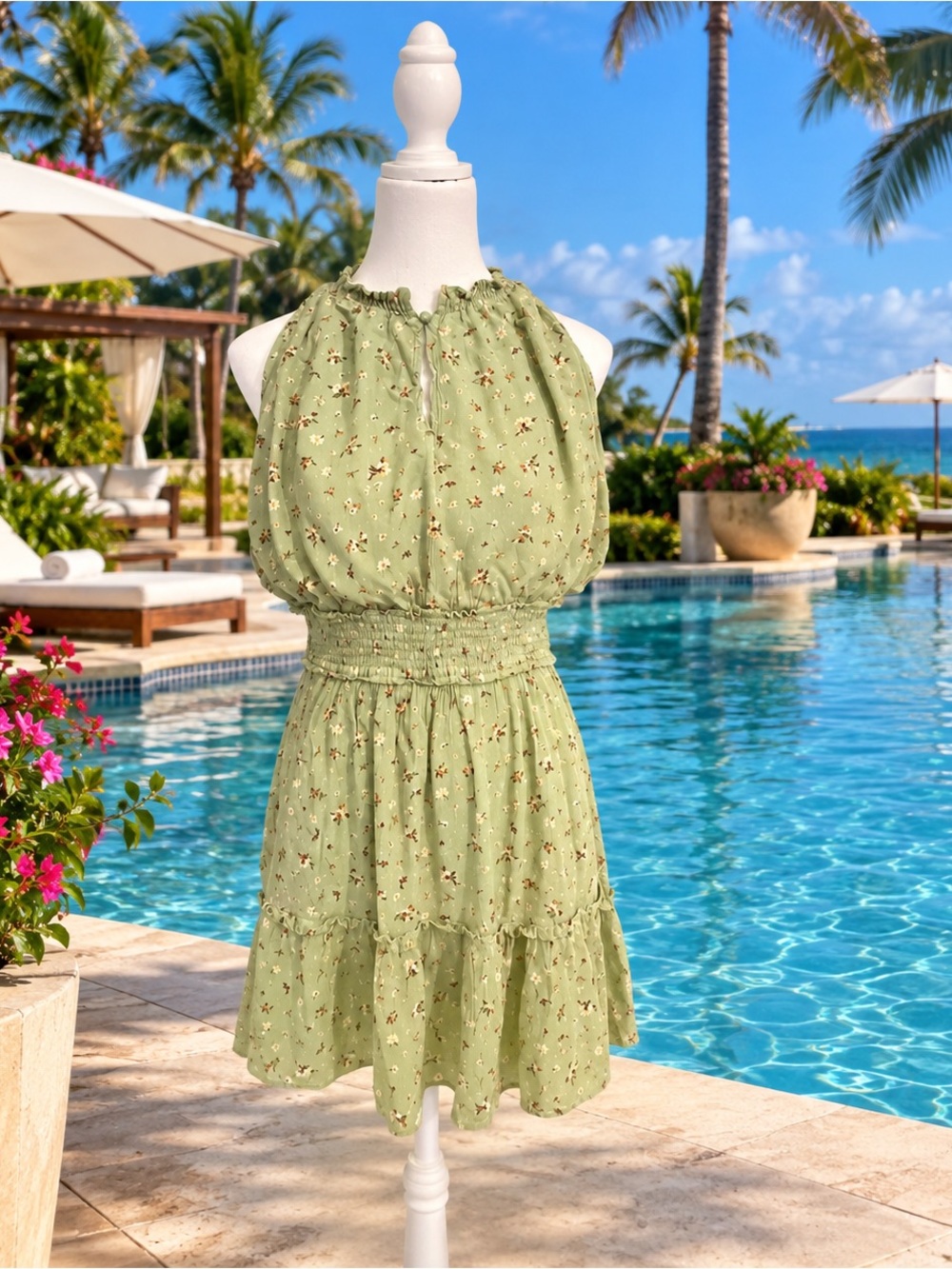 Doe & Rae Lightweight Sage Green Floral Halter Mini Dress